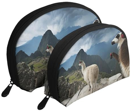 Make-up-Tasche, Reise-Kosmetiktasche, 2-teilig, tragbares Clutch-Beutel-Set, Beutel-Organizer, Lamas Machu Picchu Peru-1