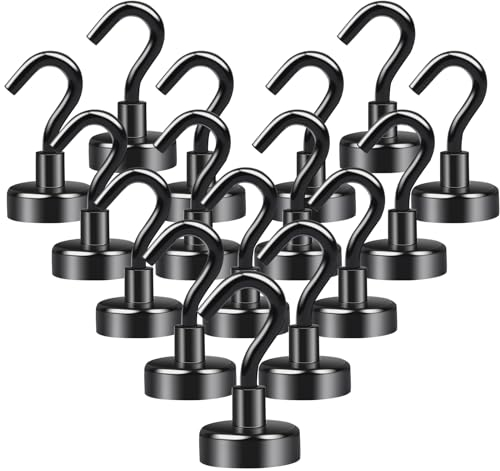 FPMYB 16 Stück Magnet Haken Schwarz, 20kg Magnethaken Extra Stark 20 mm Neodym Magnethaken, Super Starke Magnete mit Haken, Neodym Magnete Haken für Kreuzfahrt, Grill BBQ, Küche, Gadgets,Büro