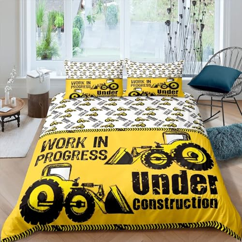 BJCJGGL Fundas Nordicas 105 Excavadora Amarilla Ropa de Cama 105 para Niñas Niños con Cremallera Suave Transpirable Microfibra Fundas Nordicas 180x220 cm + 2 Fundas de Almohada 50x80 cm