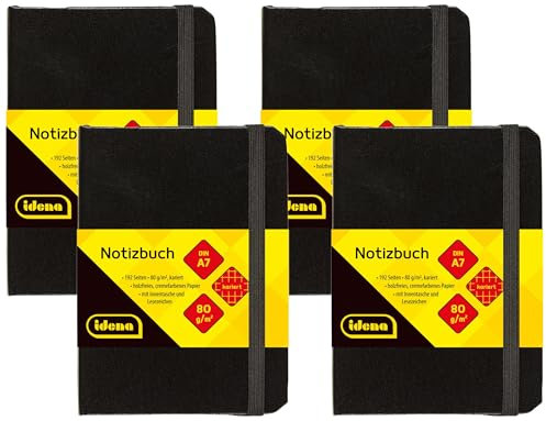 Idena 209283 - Notizbuch DIN A7, kariert, Papier cremefarben, 192 Seiten, 80 g/m², Hardcover in schwarz, 1 Stück (Packung mit 4)
