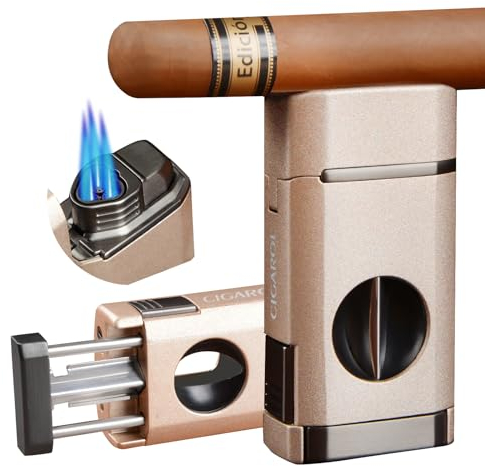 CIGAROL Feuerzeug, 3 in 1 Sturmfeuerzeug, 3 Jet Flamme Zigarrenfeuerzeug mit Zigarrenschneider V - Enthält kein Gas, Tolle Geschenke für Männer (Gold)