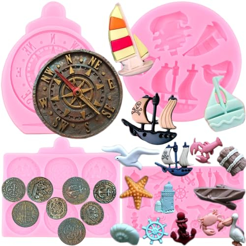 RFGHAC 4 Stück Segelschiff Silikonformen Kompass Anker Ruder Rettungsring Leuchtturm Fondant Formen Schatz Münzen Schokoladenform für Cupcake Kuchen Topper Dekoration Süßigkeiten Polymer Clay