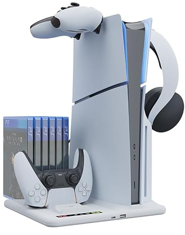 Szaerfa Konsolenständer und Controller-Ladestation für Sony PS5 Slim, Kühlstation für PlayStation 5 Slim, mit Disk-Organizer, Griff, Ladegerät, Headset, Kopfhörerhalter, mit 6 Spielefächern