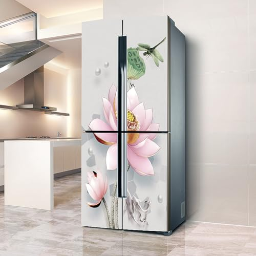 Fridge Wraps Kitchen Fridge Stickers Cover Full Doors, Fridge Sticker Full Covering Door Fridge Covers Skins Wall Stickers for Kitchen Decal, Pink Lotus Dragonfly