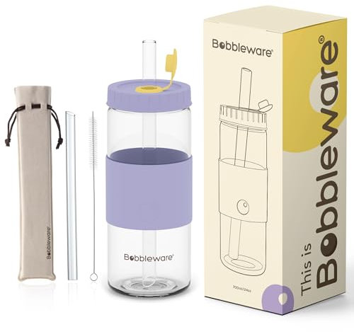 Borosilikat Boba Tasse Glas Bubble Tea Tasse Becher mit Deckel & Strohhalm Wiederverwendbare Boba Smoothie Tasse Reisebecher Auslaufsicher Spülmaschinenfest Violett-500ml