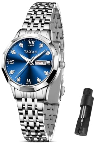 Taxau Armbanduhren für Frauen Silber Luxus Uhren Edelstahl wasserdichte Uhren für Analog Quarz Blue Face Mode Uhren Frauen Luminous Date Uhr Reloj para Mujer