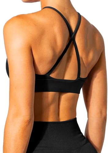 TZLDN Sport BH Rückenfrei Damen Tiefe V-Ausschnitt Push Up Crossback Sexy Gepolstert Bustier Schlaf Crop Top Yoga Bra Bralette Oberteile ohne Bügel Gym Workout #1 Schwarz S