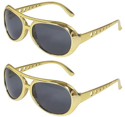 Sarini 2 Stück goldene Elvis-Brille,modischer Stil,50er-Jahre-Brille,Hippie-Disko-Kostümzubehör,Halloween-Kostüm