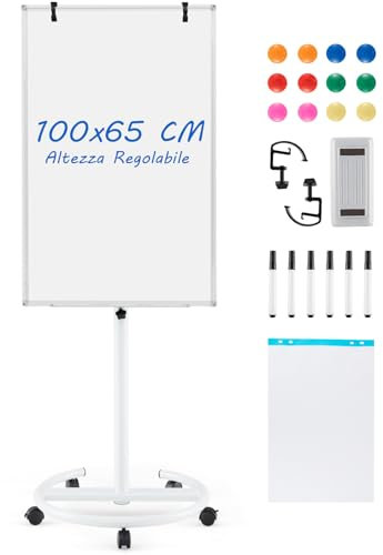 GYMAX 100 x 65 x 132-192 cm Lavagna Bianca a Secco Mobile, Lavagna Magnetica con Ruote e Supporto Regolabile in Altezza, 1 Cancellino,12 Magnetici, 25 Fogli di Carta, 6 Penna, 2 Graffette (Bianco)