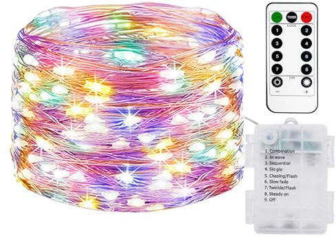 litogo 1 Stück 10M 100LED Lichterkette Batterie mit Fernbedienung, Lichterkette Akku mit Timer 8 Modi IP65 Wasserdichte Lichterketten Außen Lichterkette Draht für Innen Aussen Deko, Bunt