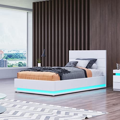 Ottoman Storage Bed - 3ft Single Ottoman Gas Lift Bed with LED Lights & Faux Leather Finish - White