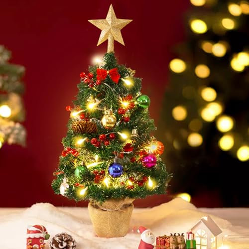 Livofloral Weihnachtsbaum künstlich, 60 cm Kleiner Weihnachtsbaum mit LED-Beleuchtung Christbaumkugel, Tannenbaum künstlich geschmückt Christmas Tree für Innen Tisch Weihnachten Deko Party