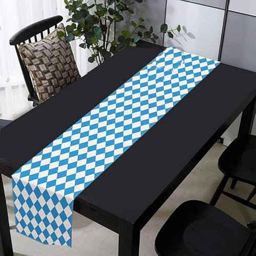 Qpout Oktoberfest Tischläufer, 33x183 cm Oktoberfest Deko Tischläufer, Blau Weiß Tischläufer, Leinen Material Bayerische Tischdeko