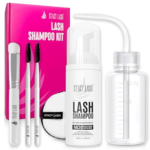 Lash Shampoo Kit by STACY LASH Foaming Cleanser with Eye Lash Spoolies & Rinse Bottle & Cleansing Pad & Brush for Eyelash Extensions & Clusters & Natural Eyelashes