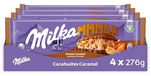 MILKA - 4 Tablettes de Chocolat au Lait Milka MMMAX Cacahuètes Caramel 276g - Chocolat au Tendre Lait du Pays Alpin - Lot de Tablettes de Chocolat Milka Cacahuètes Caramel - Lot de 4x276g