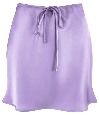 Damen Minirock mit Kordelzug, Satin, hohe Taille, elegant, lässig, A-Linie, ausgestellt, Seide, kurze Röcke für Frauen, Flieder, Mittel