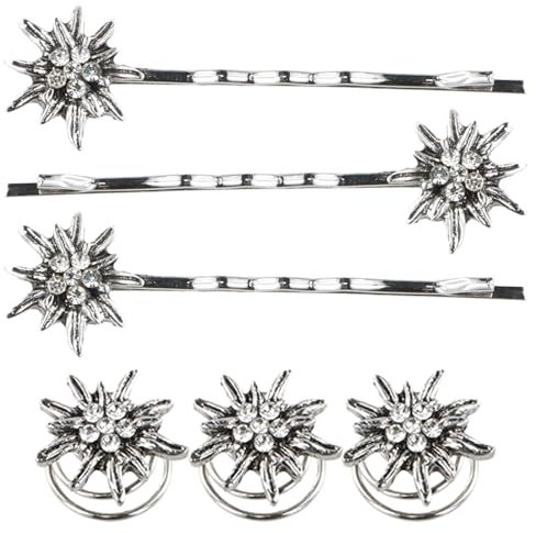 Amexo 3 Pezzi Fermagli Capelli di Stella Alpina con 3 Pezzi Fermagli a Molla di Stella Alpina Fermagli Capelli Vintage con Strass per Donna Fermagli Capelli Tradizionali per Bavarese Dirndl