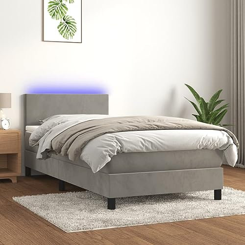 Festnight Boxspringbett 100 x 200 mit matratze und Led Bett 100x200 mit matratze und lattenrost Polsterbet 100x200 Bett mit LED Beleuchtung & kopfteil -Hellgrau-100 x 200 cm