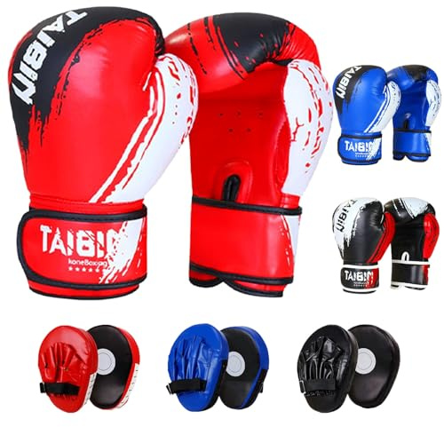 6 oz Kinder Boxhandschuhe und Box Pratzen Set für 3-10 Jahre,Kids Boxing Gloves,Boxhandschuhe Kinder Set,2-in-1 Box Handschuhe Jungen,Punchinghandschuhe für Jungen und Mädchen (Blau)