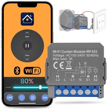 Smart WiFi Rolladenschalter Modul Mit Prozentfunktion, Wlan Rolladen Schalter für Rollladenmotor mit Alexa, Google Home Sprachsteuerung und Smart Life App Fernbedienung