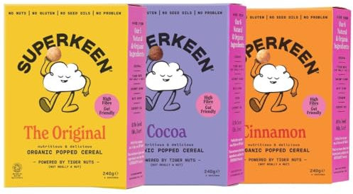 SUPERKEEN - Variety Pack: Original, Cinnamon, Cocoa Crisp (3x240g) | Gluten-Free Cereal with Tiger Nuts | Natural, Nut Free, Organic, High Fibre, Vegan | Anti Inflammatory Superfood for Gut Health