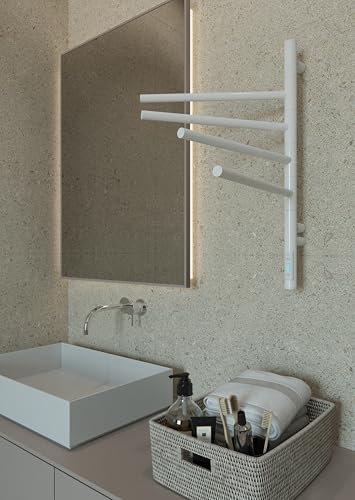 ELNA® Badheizkörper Elektrisch Weiß 62x40 cm, 57W - Elektrischer Handtuchheizkörper aus Edelstahl 304 mit Timer & Thermostat, IP44 Schutz - 4 Schwenkbare Arme 180°, Wandmontage