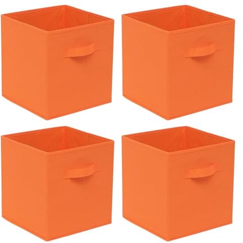Homullel Foldable Storage Cube Boxes Set of 4, Storage Unit Box with Handle/Eyelet, Collapsible Storage Bins Organiser for Shelf Closet Organization (With Handle, Orange)