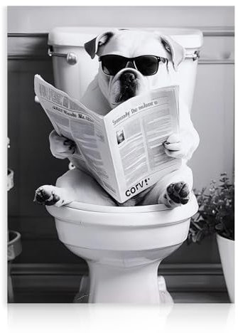 Dazzlewall Lustiges Badezimmer Bild, Cooler Hund auf Toilette Schwarz Weiß Tierdruck für Badezimmer Toiletten Deko 12x16 Zoll Ungerahmt