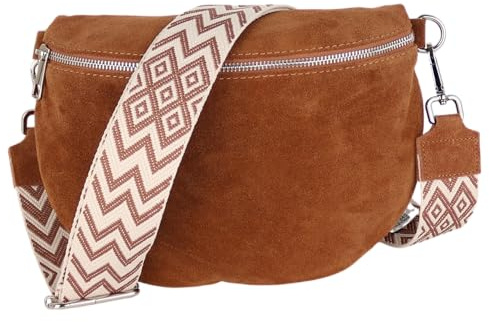 MIRROSI Damen Bauchtasche aus Wildleder, Made in Italy. Als Umhängetasche, Brust- oder Schultertasche tragbar, 26x20x8 cm, Reißverschlussfach hinten. (Upgrade Version: Wildleder Cognac Boho)