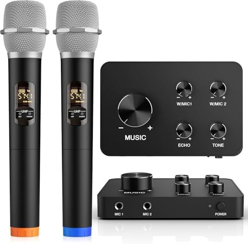 voijump Microfono Wireless UHF Set – Doppio Microfono Karaoke Senza Fili, 2x8 Frequenze, Portata 30m, Ideale per Karaoke con Microfono, DJ, Canto, Chiesa, Altoparlante, Sistema PA