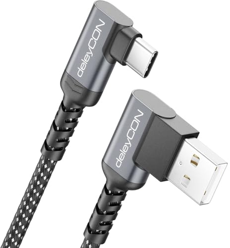 deleyCON 1,5m USB C Kabel 2x Winkel 90 Grad USB-A auf USB-C Ladekabel Datenkabel Gewinkelt für iPhone 17 16 15 Pro Max Air Galaxy A16 A56 S25 S24 S23 Pixel AirPods Notebook PS5