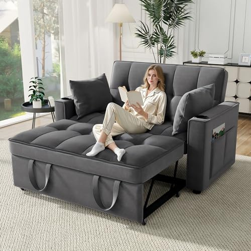 Bladez Modernes Ausziehbare Schlafcouch, Schlafsofa 2-Sitzer Klappsofa aus Samt, Kompaktes Gästebett mit Becherhalter, Verstellbare Rückenlehne für Wohnzimmer kleine Räume (Grau – Samt)