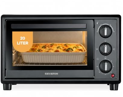 Severin Back- und Toastofen, Bake&Toast, 20L, bis 230°C, 120Min. Timer, Mini-Backofen, Ober- und Unterhitze, inkl. Krümelblech, Backblech, Grillrost, automatische Abschaltung, 1600W, schwarz, TO 2078