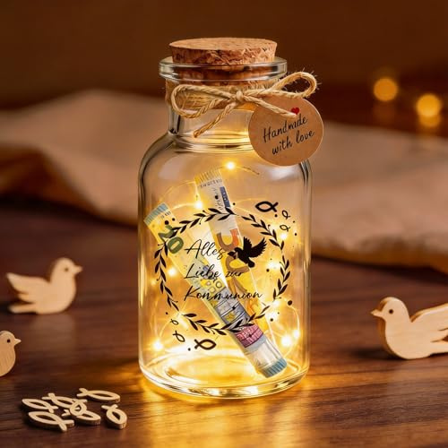 TUZELlYA Kommunion Geschenke Mädchen Junge, LED Flaschenlicht Geldgeschenk mit Grußkarten, für Taufe, Erstkommunion, Konfirmation und Erstkommunion, Alles Liebe zur Kommunion