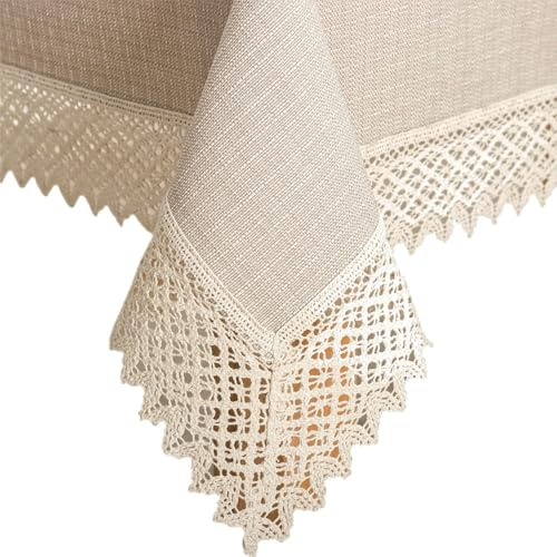 invitta Tischdecke mit Spitze 120x160 cm Beige-Ecru Meliert in Leinenoptik mit 7cm Baumwollspitze - Baumwolle Polyester 230g/m² Schwere Qualität, Fleckschutz mit Lotuseffekt, Elegante Tischwäsche