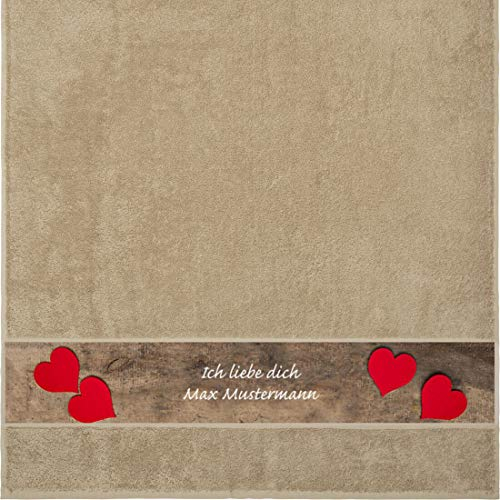 Manutextur Duschtuch mit Namen - personalisiert - Motiv Liebe - Herz - viele Farben & Motive - Dusch-Handtuch - beige - Größe 70x140 cm - persönliches Geschenk mit Wunsch-Motiv und Wunsch-Name