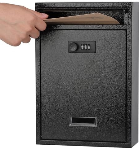 KYODOLED Cassetta postale con chiusura a parete, con serratura a combinazione per esterni, cassetta di sicurezza con codice, 31 x 21 x 8,54 x 8,5 cm, nero
