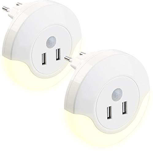 Luminea Automatik-Nachtlichter: 2 LED-Steckdosen-Nachtlichter, PIR- und Lichtsensor, 2x USB (10 Watt) (mit PIR-Sensor, USB-Netzteil Samsung, Steckdose mit Bewegungsmelder)