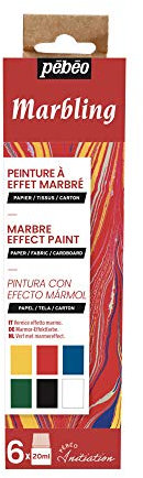 Pébéo - Set Initiation Marbling - Kit Peinture sur soie - Assortiment 6 Flacons Bouchon Pipette de 20 ml - Jaune Citron, Rose bengale, Cyan, Vert émeraude, Noir + 1 flacon Bain Marbling