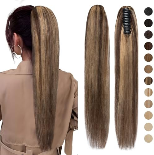 Silk-co Extension Capelli Veri Coda di Cavallo con Pinza #4P27 Marrone Medio & Biondo Scuro 100% Remy Human Hair Ponytail Extension Coda 40 cm
