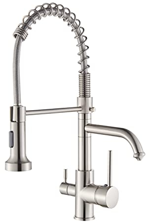 TVTIUO Robinets de cuisine à 3 voies avec douchette extractible mélangeur d'eau potable en laiton bec pivotant à 360 °,Pull-down,Nickel Brossé