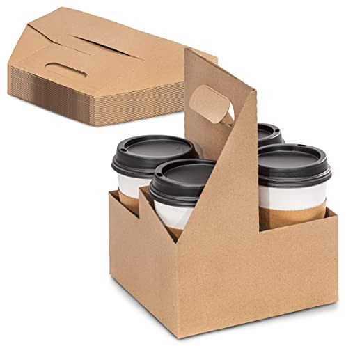 [25 Pack] 4 Cup Drink Carrier with Handle - Kraft Paperboard Handled Drink Carriers 12-30 oz to Go Coffee Cup Holder, for Hot and Cold Cup Carrier, Takeout, Cafe and Restaurant Food Service Delivery