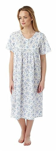 Ladies Womens Cotton Floral Print Short Sleeve Front Button Opening Nightwear Nightie with Lace - Pink Blue Lilac Nightdresses for Women UK Size 10-30 MN11 (BLUE, 16-18)