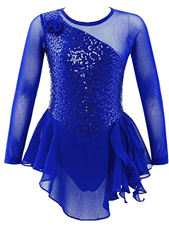 TiaoBug Mädchen Eiskunstlauf Kleid Langarm Ballettkleid Gerafft Tanzkleid mit Glitzer Kinder Turnanzug Gymnastik Leotards Ballett Tutu Mini Skater Rock gr.110-164 Royal Blau C 122-128