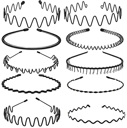 Flyftrey 10 Stück Unisex Metall Haarband, Schwarz Spring Wave Haarband, Rutschfestes Elastisches Stirnband, Haarbänder Haarreifen Haarschmuck Stirnband Zubehör für Outdoor Sports Yoga