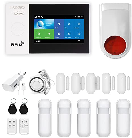 HUXGO HXA007 Funkalarmanlage mit 5X Bewegungsmeldern, 5X Türöffnungsmelder und zweiter Alarmsirene, Modulen: WLAN + GSM 4G, TUYA Smart Anwendung, SMS-Benachrichtigungen,