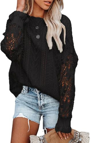 Maavoki Pullover Damen Spitze Strickpullover, Lässige Rundhals Lace Langarm Häkelpullover, Elegantes Einfarbig Stricktop Patchwork Oberteile Stricken Langarmshirt Schwarz L