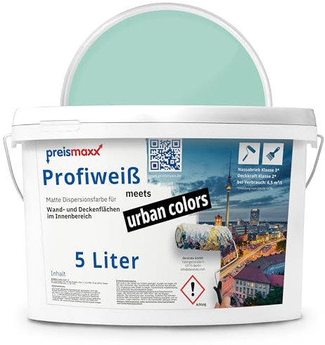 Preismaxx Profiweiß Wandfarbe grün 5L, hohe Deckkraft, Dispersionsfarbe innen, Innenwandfarbe Raumfarbe minzgrün deckend, Deckkraftklasse 2, matt Innenfarbe Profi Qualität