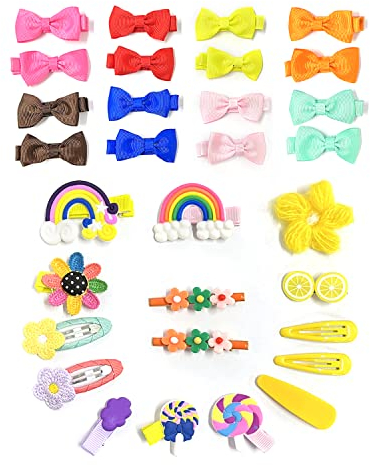 Set di 30 fermagli per capelli per bambini, 16 piccoli fiocchi / 14 fermagli per capelli arcobaleno giallo, mini fermagli per capelli, piccoli fermagli per fiocchi per neonati, bambini piccoli