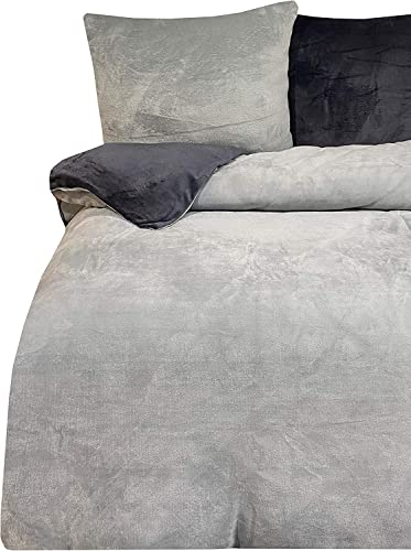 one-home 4 teilig Winter Bettwäsche 155x220cm Teddy Plüsch Uni grau warm Fleece Übergröße